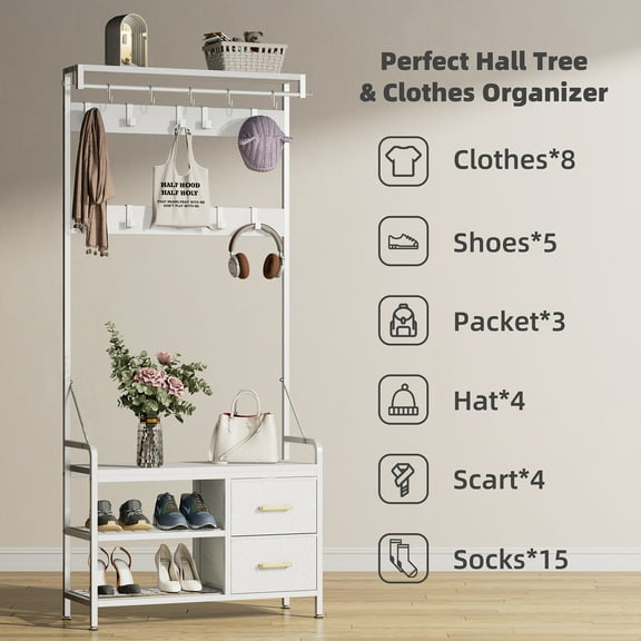 Hall Tree, 31.7” Entryway  with Coat Rack Freestanding, 6 in 1 Intelligent Design Shoe  and Wall Rack 17 Hooks and Drawers, White