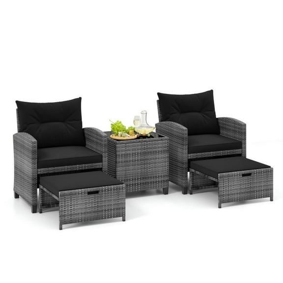 Spaco 5 Piece Patio Rattan Furniture with 2 Ottomans and Tempered Glass Coffee Table, Rattan Furniture with 3-In-1 Versatile Ottomans, Rattan Furniture for Outdoor, Black