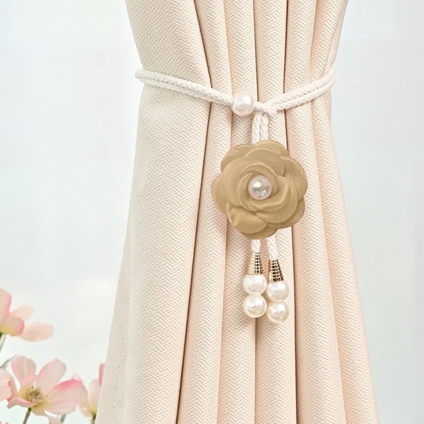 Abrazaderas para cortinas de camelia y perla | Cuerda trenzada ajustable para cortinas translúcidas y opacas | Accesorio decorativo para ventanas en rosa, caqui, beige y vino