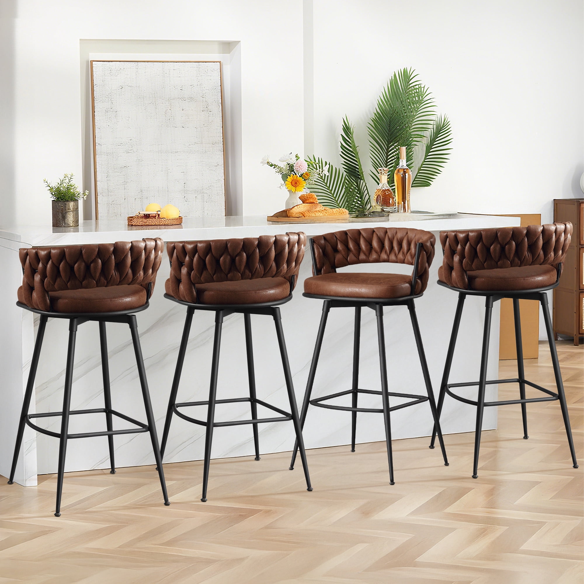 MYFUNT Bar Stools Set of 4, 30" Counter Height Stools, 180° Swivel Woven Back Barstools with Metal Footrest, Modern Bar Stools for Kitchen Island, Cafe, Pub, Brown