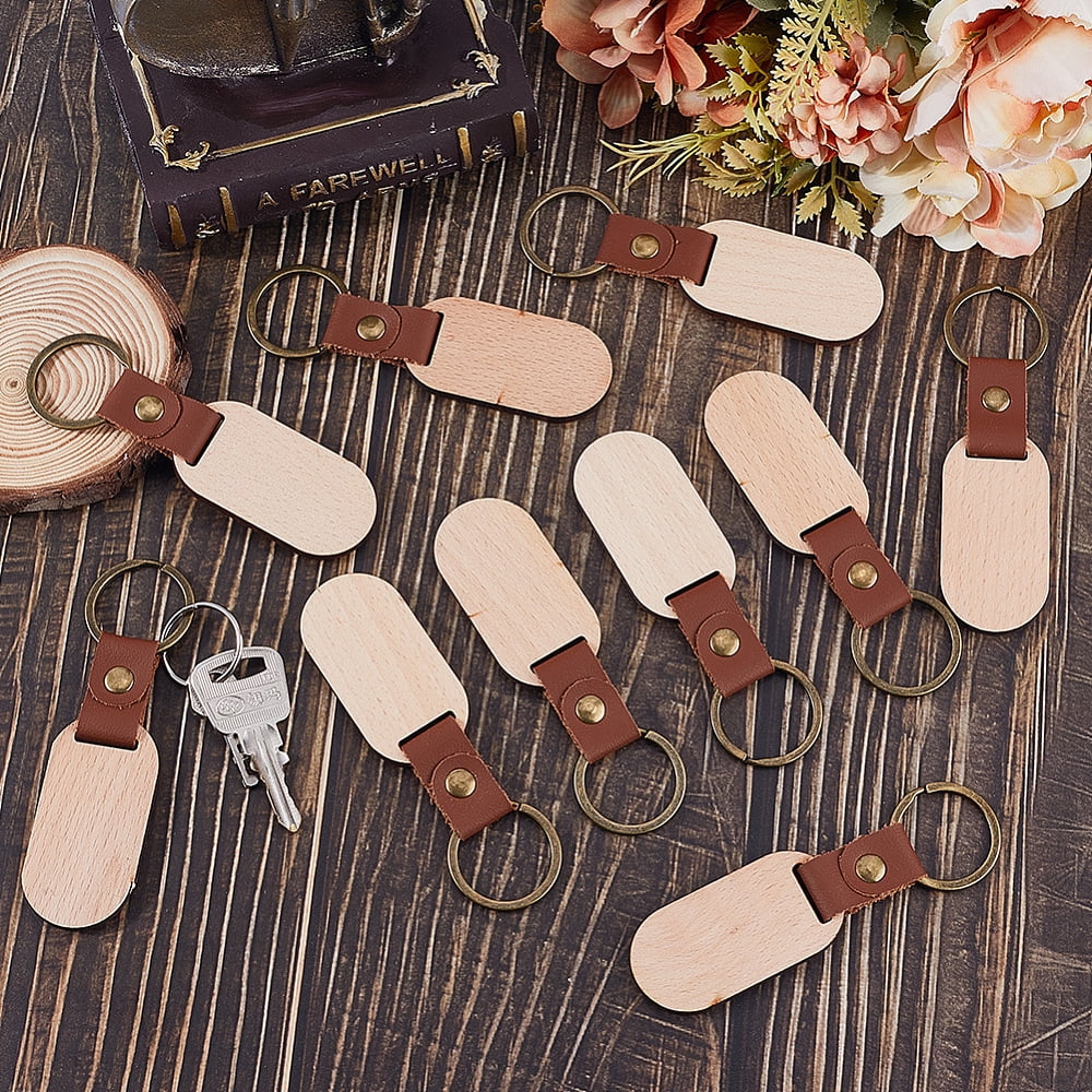 25Pcs Leather Wood Keychains Wood Blank Keychain Bulk Imitation Leather Strap Unfinished Wooden Oval Engraving Pendant Key Chains Tags