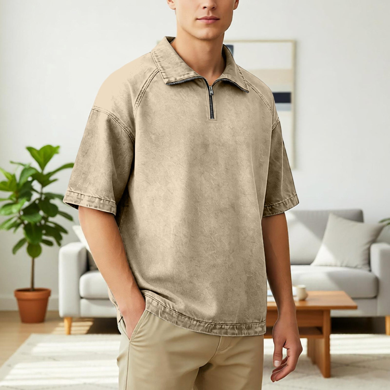 Rhuody T Shirts For Man Adult Referee Shirt V Neck Striped Sweatshirt Short Sleeved Top Charm Clothing Beige M