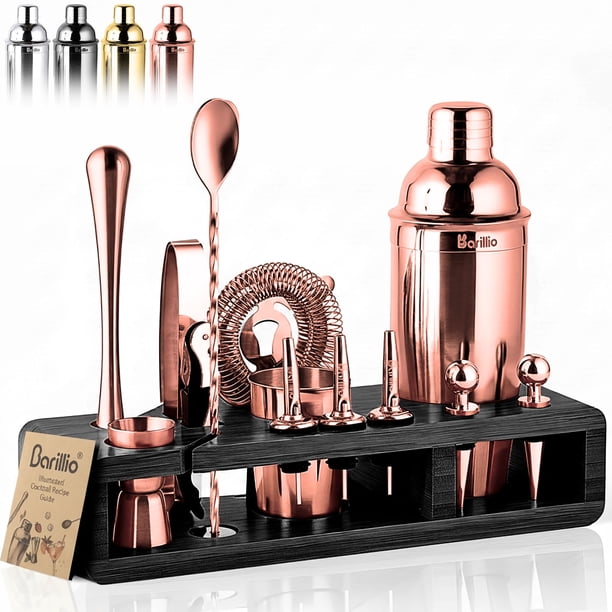 Kit de bartender Barillio, acero inoxidable, 23 unidades, color oro rosa, con soporte