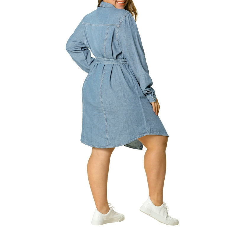 Agnes Orinda Women's Plus Size Long Sleeves Belted Above Knee Denim T-shirt  Dresses : Target