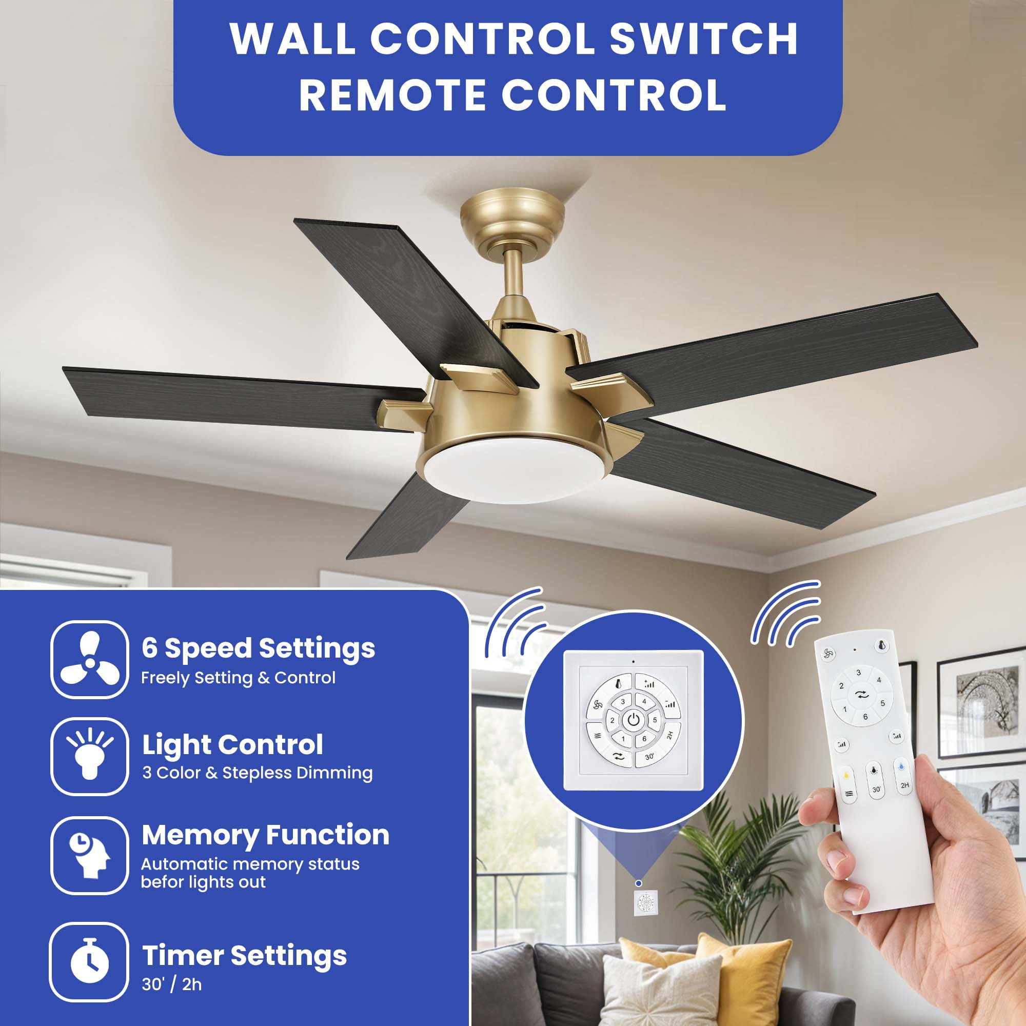 ModFusion 52-Inch LED Ceiling Fan with Remote, Dimmable Lights, 6-Speed, Gold & Black Wood Grain, Timer, Reversible Function, Wall Control