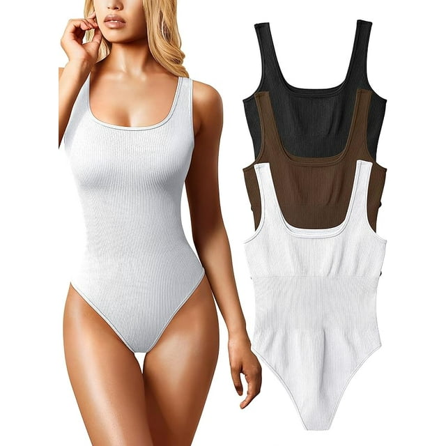 Justaucorps 3 Pcs pour Femmes Aguichant Côtelé Sans Manches à Encolure Carrée Débardeurs Sans Manches Justaucorps