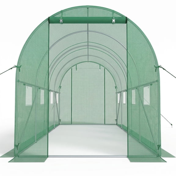 Biotree 15 x 7 x 7 ft Walk-in Tunnel Greenhouse with Watering System, Galvanized Steel Frame Portable Outdoor Garden Hoop House with Zipper Door and 8 Mesh, Green