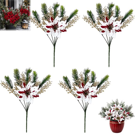 2/4PCS Christmas Poinsettia Planter Inserts, Artificial Red Holiday Flowers (4, Style A)