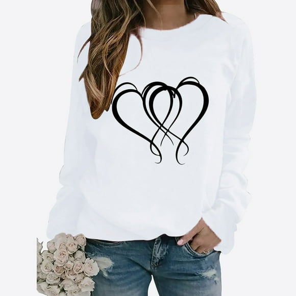 Jsaierl Valentine's Day Tops for Women Cute Love Heart Print Shirts Casual Long Sleeve Tees Trendy Crew Neck Blouses 2025