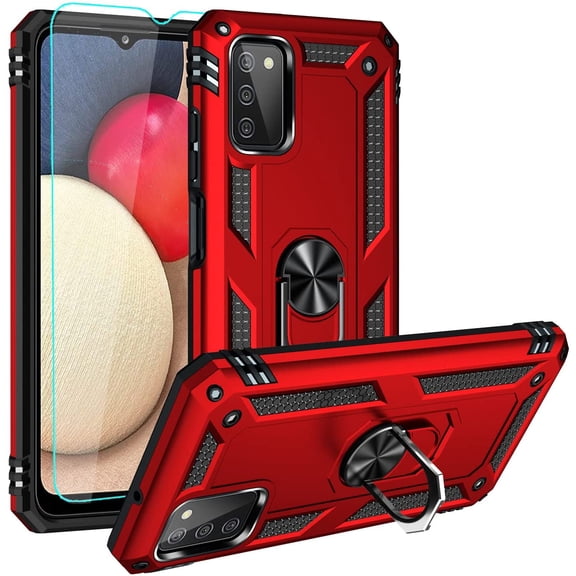 for Galaxy A03S Case, Samsung A03S Case with HD Screen Protector, Military-Grade Ring Holder Stand Car Mount 15ft Drop Tested Shockproof Cover Phone Case for Samsung Galaxy A03S, Red