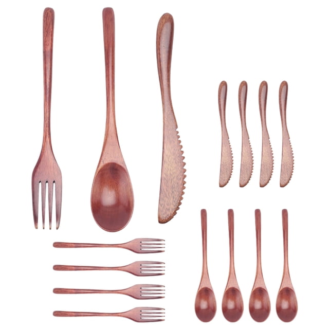 Juego de Cubiertos Cuchillo Tenedor Cuchara Madera 15 Piezas, Utensilios Cena Madera, Vajilla Cocina