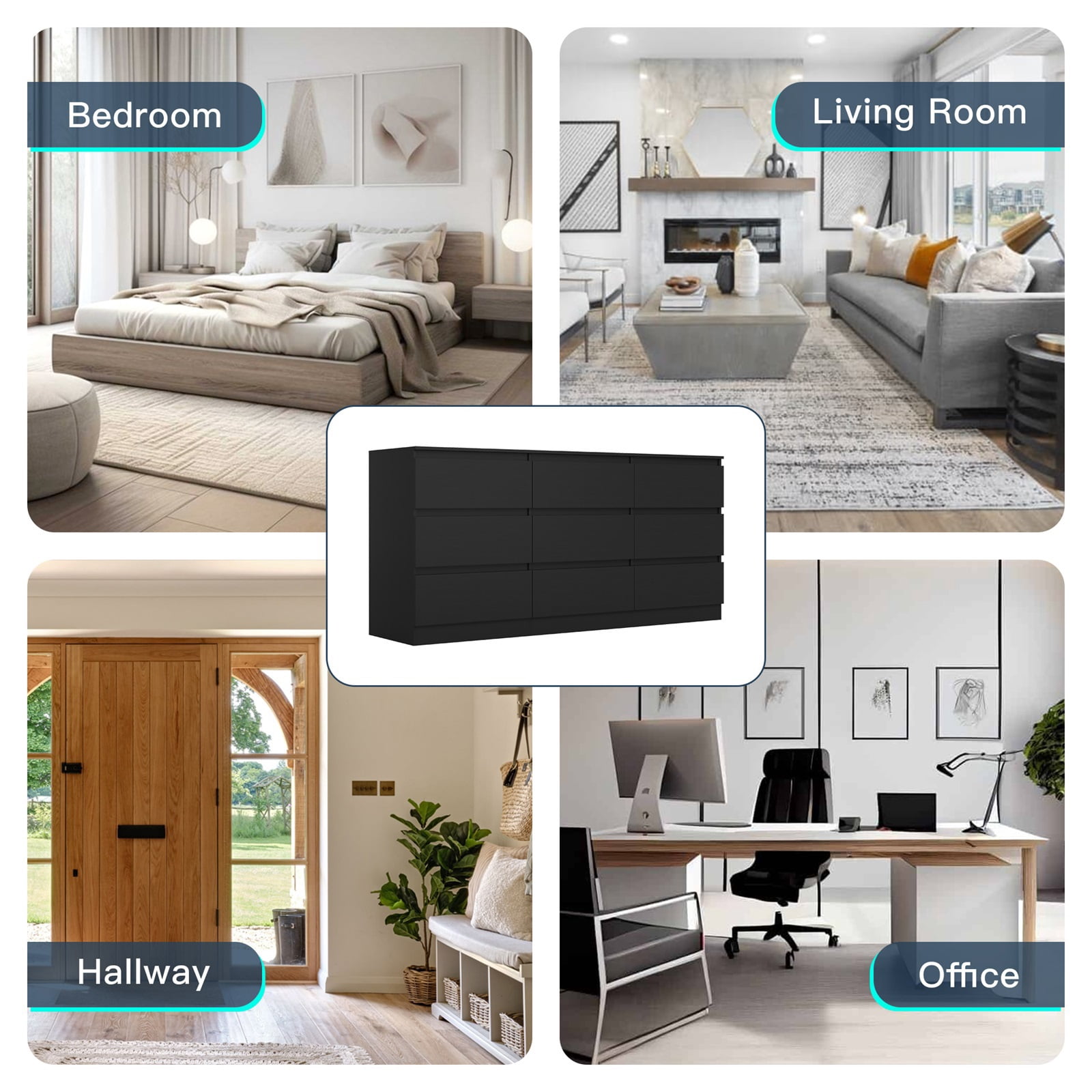 Hommoo Black 9 Drawer Dresser, Wood Modern Storage Cabinet Dresser Organizer, Chest of Drawers for Living Room, Closet, Hallway, Nursery