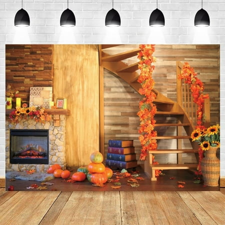 Image of Autumn pumpkin Backdrops Halloween Theme Party Fireplace Maple Leaf Sunflower Decoration Photography Backgrounds For Shoot Props