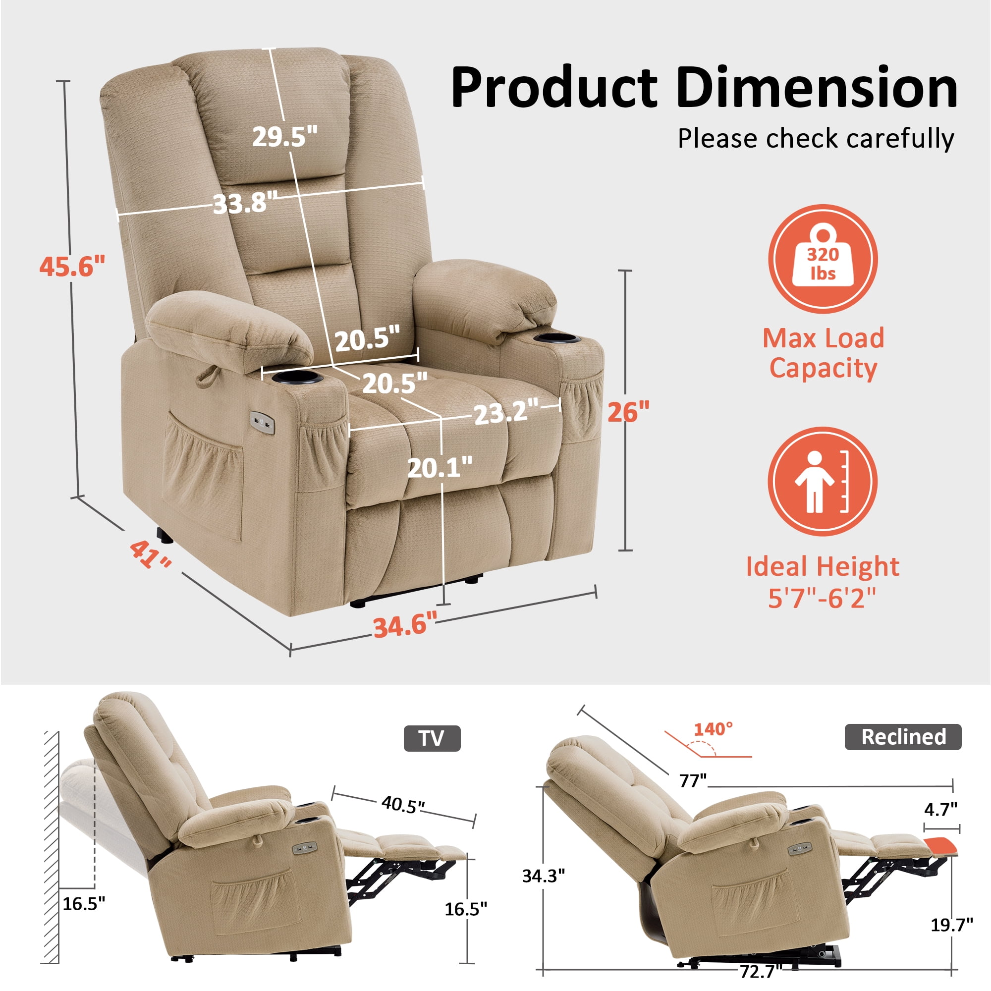 MCombo Large Power Lift Recliner Chair Sofa with Massage and Heat for Elderly People, Extended Footrest, Hand Remote Control, Cup Holders, USB Ports, Fabric 7549 (Large, Beige)