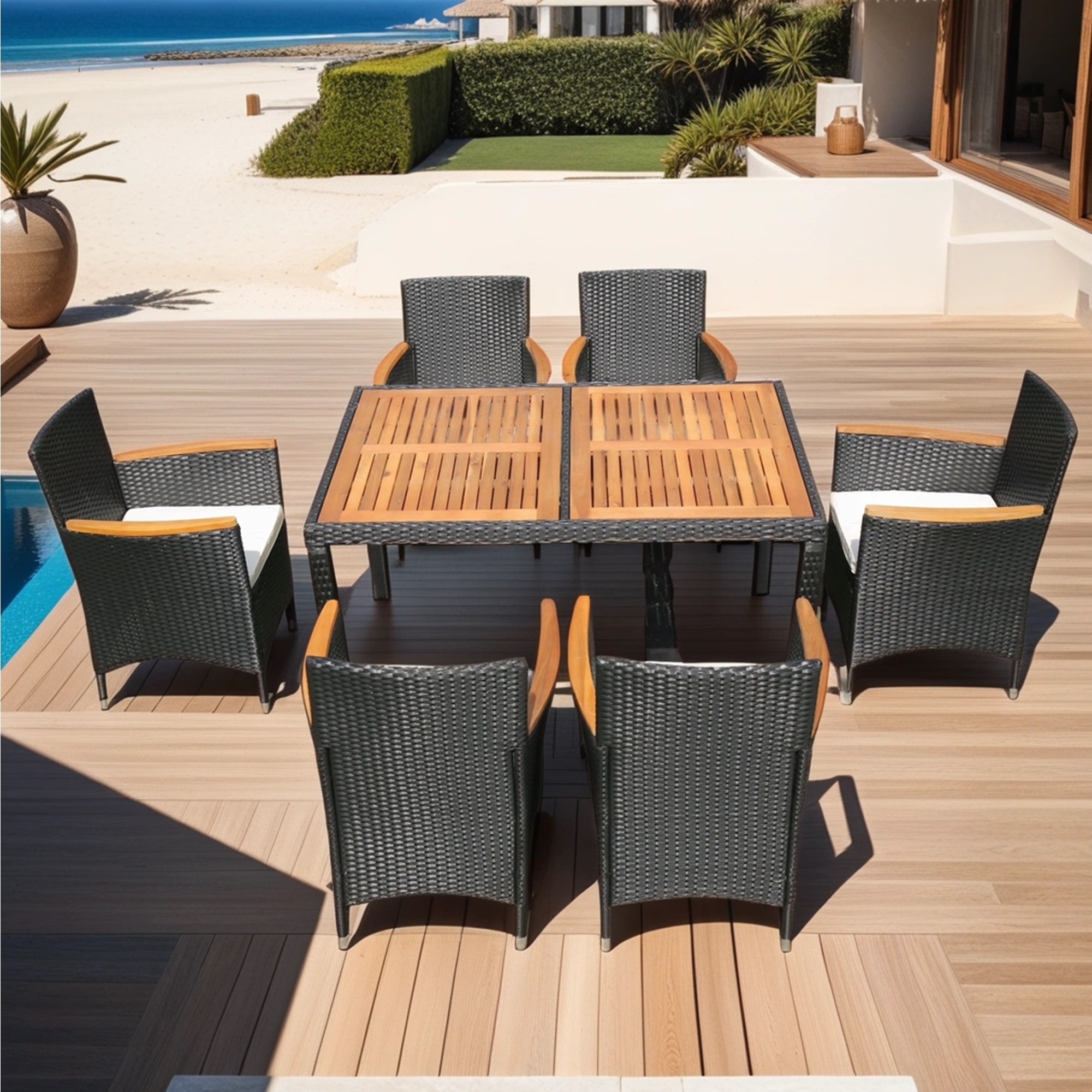 7 Piece Outdoor Patio Dining Set,Outdoor Wicker Furniture Set with Brown Rattan Dining Table and Chairs with Cushions,Black Wicker + Creme Cushion