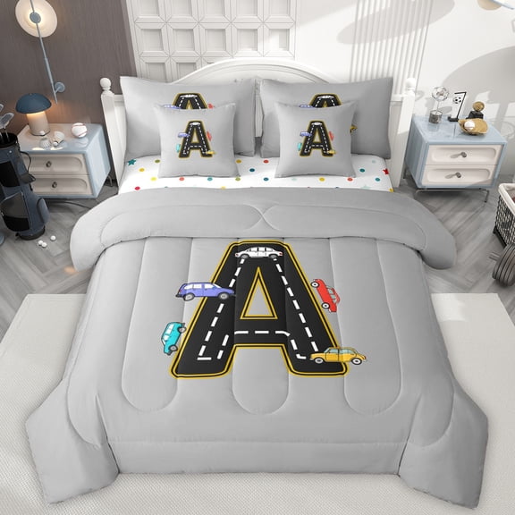 Manfei Letter A Monogrammed 7-Piece Twin Bedding Sets,Colorful Racing Car Bedding Comforter Set,Gray Black Sheet Sets For Boys,Microfiber Room Decorative Reversible