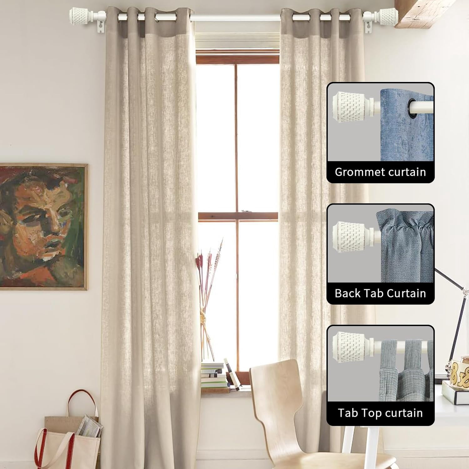 eTeckram 5/8" Single Curtain Rod with Vieve Finials,Weathered White,48‘’-84‘’