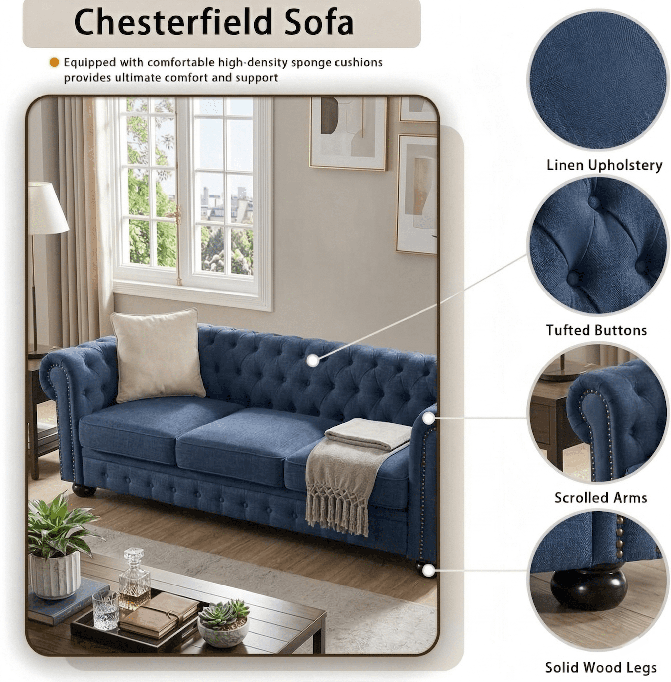 Xiweot Classic Chesterfield Sofa, Mid Century Modern Couch with Deep Seat for Living Room, Office & Apartment