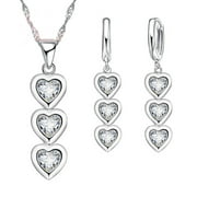 925 Sterling Silver  with Cubic Zirconia Stones Three Heart Drop Necklace and Earrings Set SS-03-HS