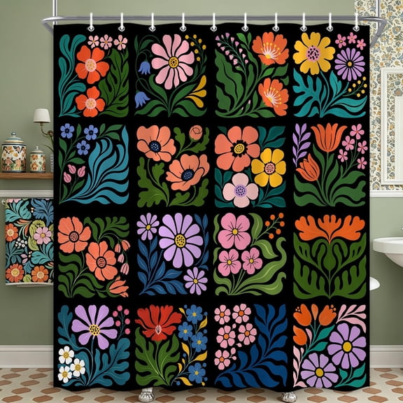 Boho Floral Shower Curtain For Bathroom Black Botanical Wildflower Fabric Bath Curtain with Hooks 71x71 inches