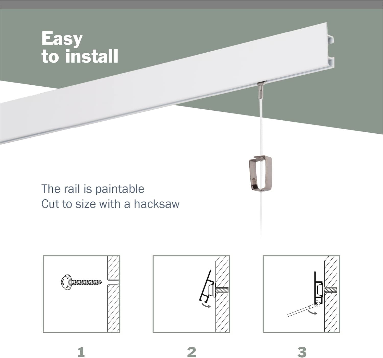 STAS Cliprail Max Picture Hanging System Set White - Rail System for Art and Pictures Without Nails - Mirror Track System - Covers 4.92ft 150 cm of Wall Space + Installation Kit