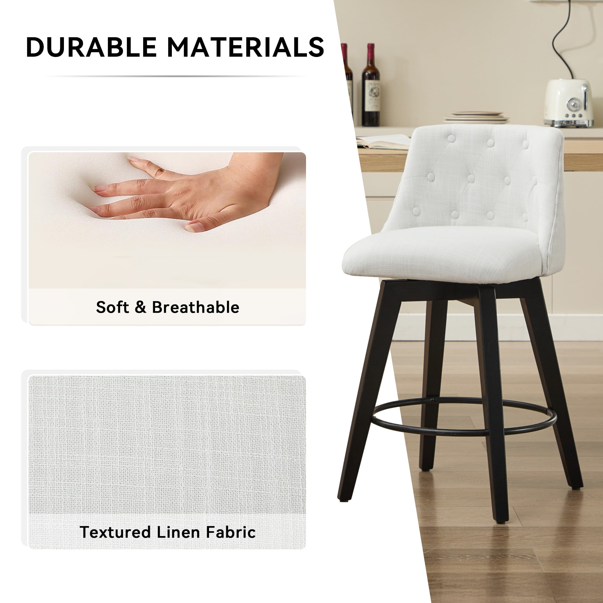 360 Degree Swivel Bar Stools Set of 2 Counter Height with Stain Resistant Linen and Button Tufted Back Solid Wood Frame in White