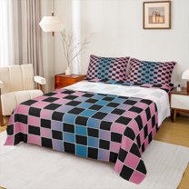 Castle Fairy Minimalist Checkered Full Size Sheets 4-Piece for Kids Children Teens,Abstract Gradient Geometric Plaid Breathable Bed Sheets,Blue Pink Lightweight Sheet Sets,Luxury Bedroom Decor