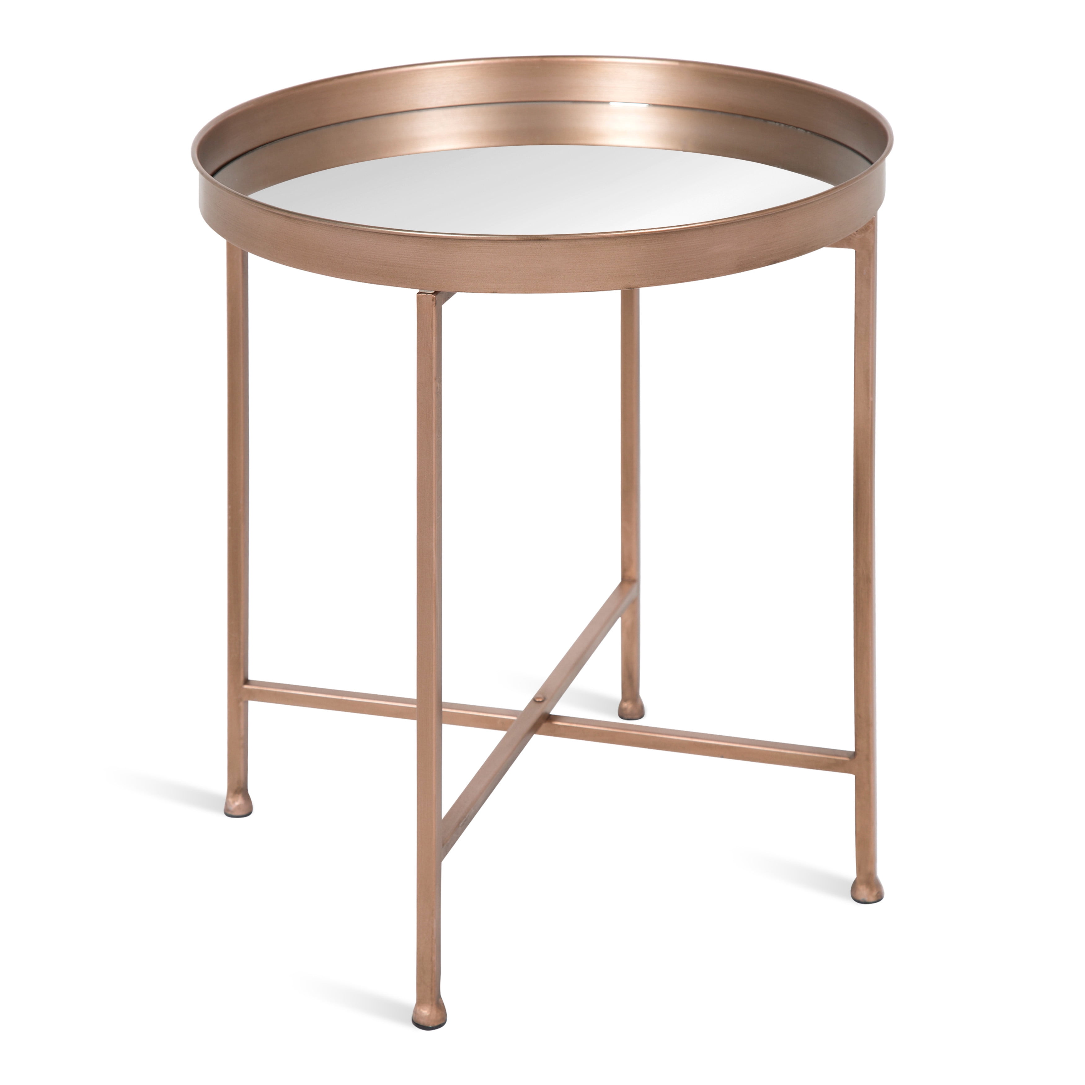 Celia 18Inch Round Metal Foldable Mirror Tray Accent Table, Rose Gold