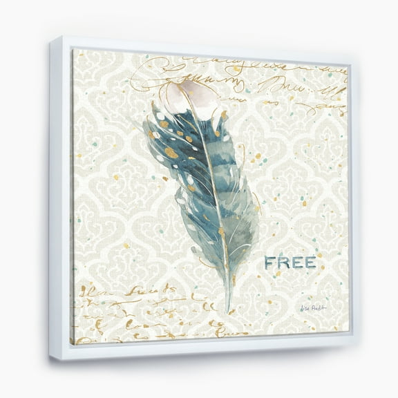 Designart ' Damask Painted Gilded Feather on Blue ' Nautical & Coastal Framed Canvas