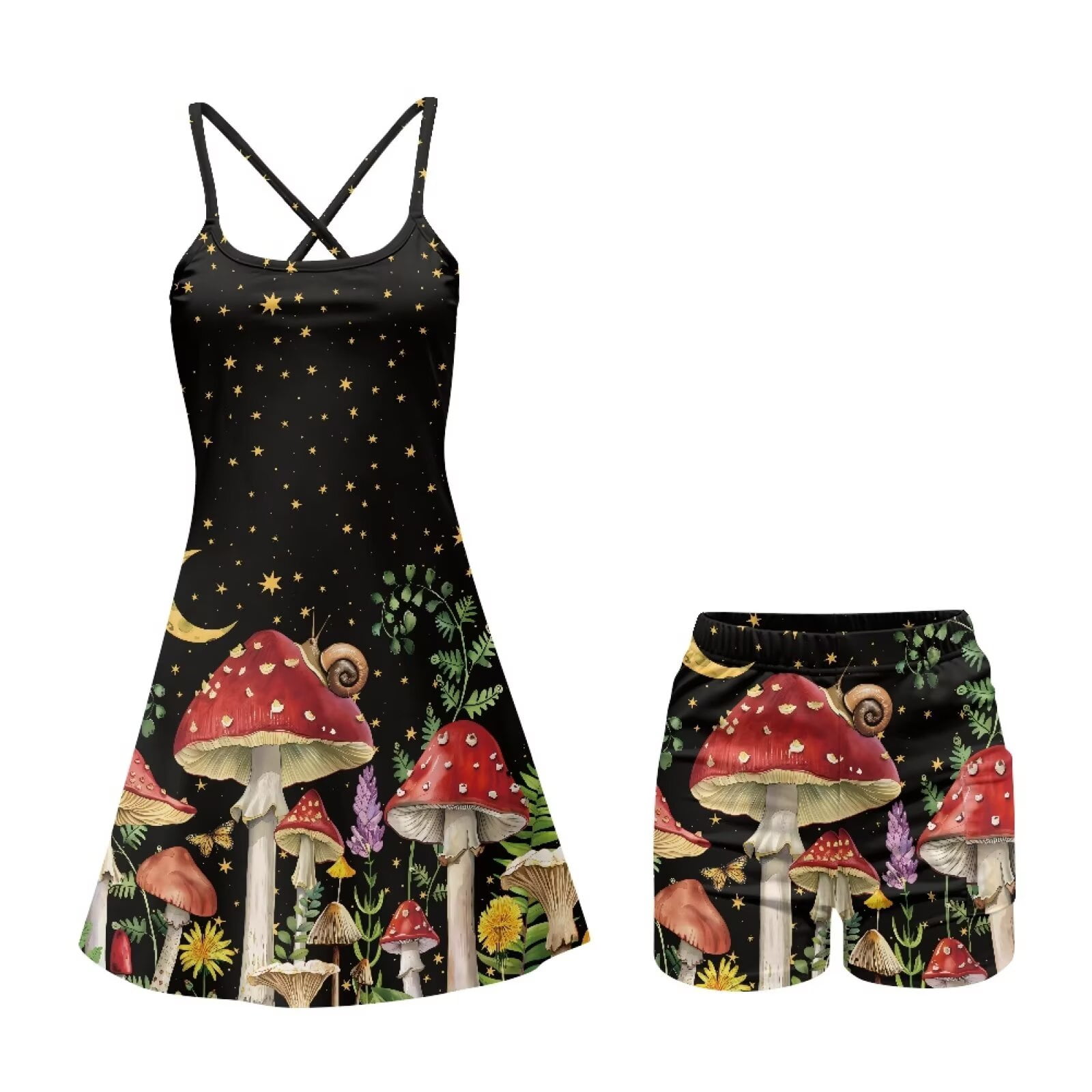 Yuyamidu Aesthetic Mushroom Women Athletic Dress Summer Tennis Golf Dress for Women Size XS Starry Sky Workout Active Sports Dresses and Built in Shorts with Pocket
