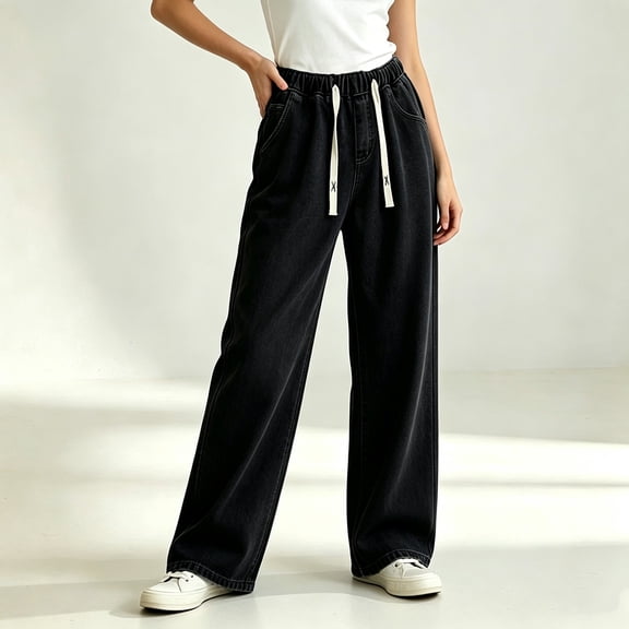 GUACER Drawstring Wide Leg Jeans for Women Casual High Waisted Stretch Loose Comfy Denim Pants with Pockets