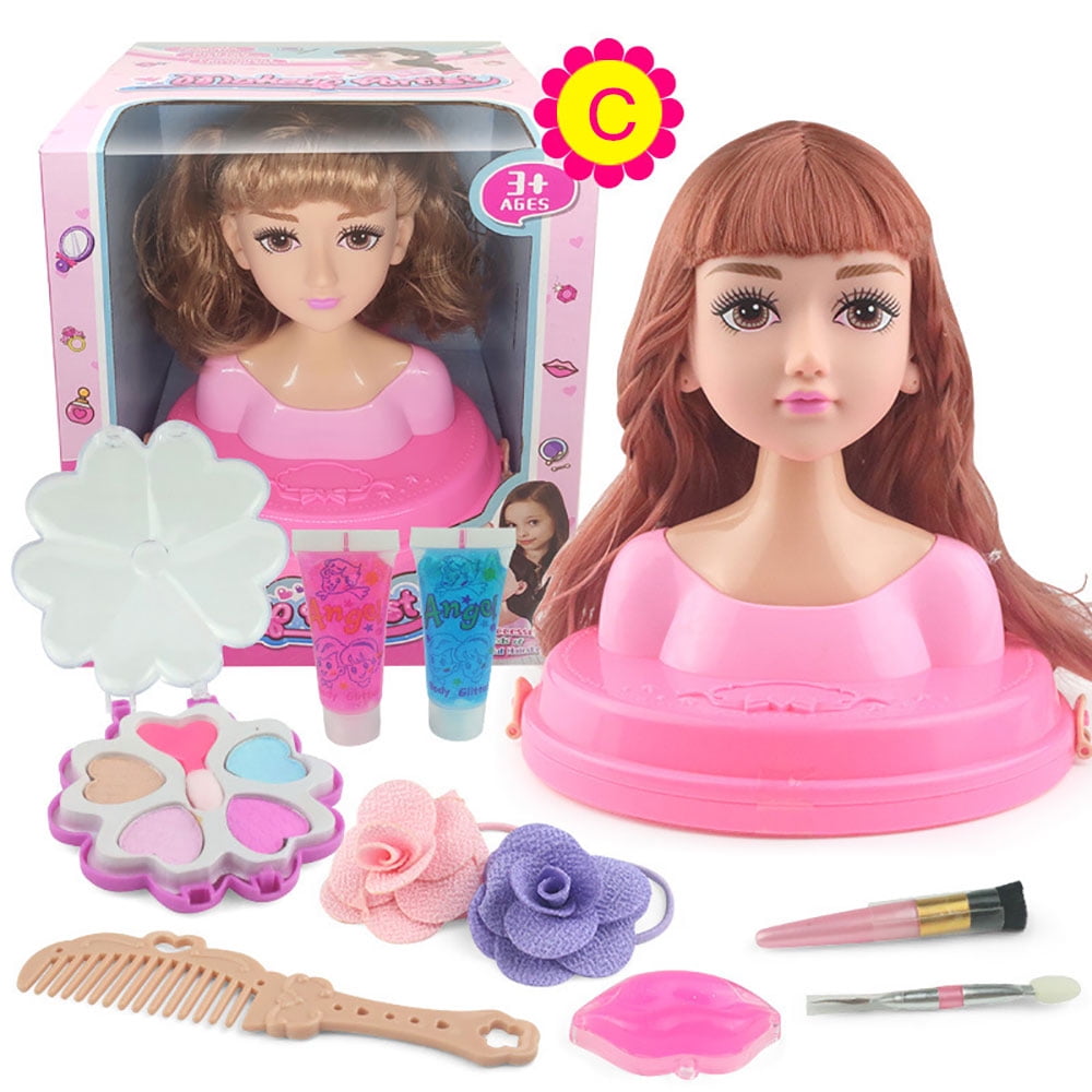 Makeup and Hair Styling Doll Head Toy Kit - Kids Pretend Play Set with Real  Washable Cosmetics and Style Accessories for Little Girls