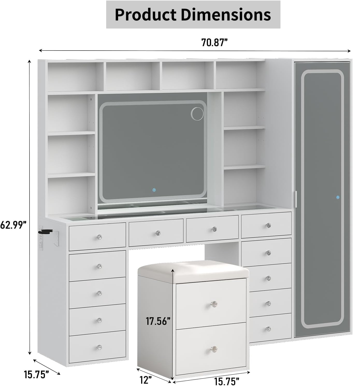 Vanity Desk Full Length Mirror & LED Mirror with Power Outlet, Makeup Vanity 14 Drawers & 10 Shelves, Hidden Storage Capacity, Dimmable & 3 Color Lighting Dressing Table for Bedroom, White