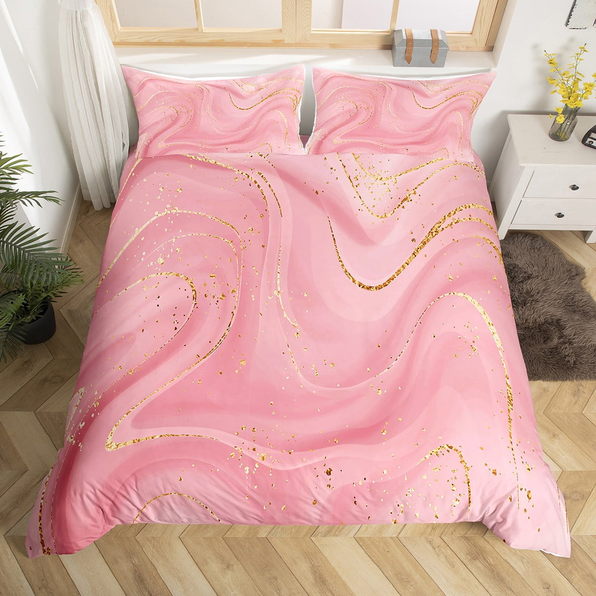YST Pink Ombre Duvet Cover King Size,Romantic Pink Marble Bedding Set