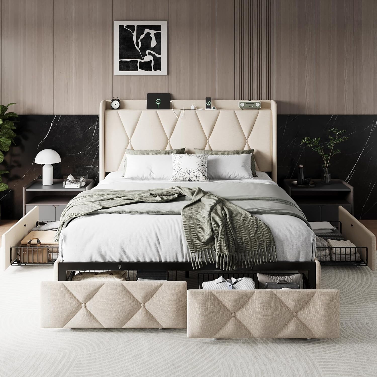 iPormis Queen Size Bed Frame with Charging Station , Upholstered Bed with 4 Storage Drawers,Beige