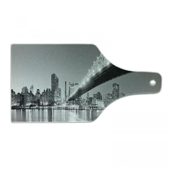 NYC Cutting Board, Queensboro Bridge over East River at Night with Manhattan Skyline Black and White Photo, Decorative Tempered Glass Cutting and Serving Board, in 3 Sizes, by Ambesonne
