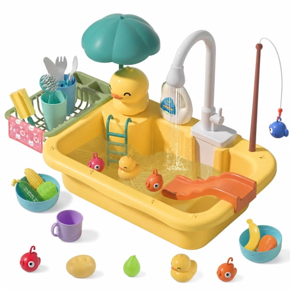 Liegorji Play Sink with Running Water, Kitchen Play Sink Toy, Play Kitchen Accessories, Floating Pool Toys & Fishing Game, Kids Pretend Play-Dishwasher Play Set for Boys Girls