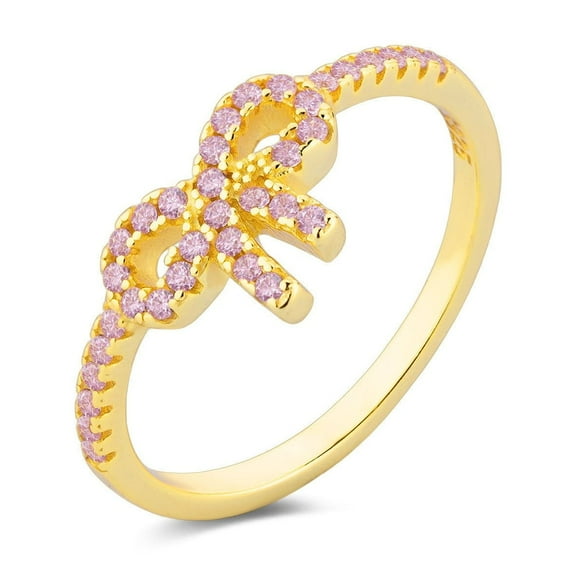 Sterling Silver Ring with Bow Zircon Accent Elegant Yellow Gold Plated Korean Ring Perfect as a Gift for Her Fashion Jewelry Band no 6 no 7 no 8 no 9