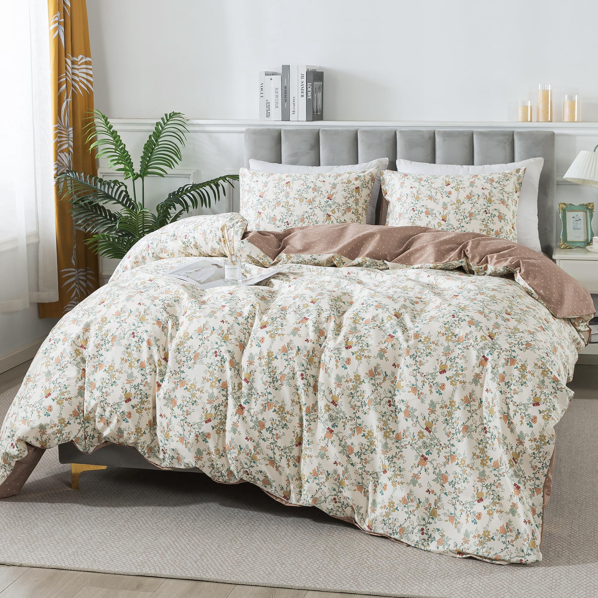 HoneiLife 3pc Duvet Cover Queen Size - 100% Cotton Comforter Floral Breathable Duvet Cover with Zipper Closure & Corner Ties, Brown Branches
