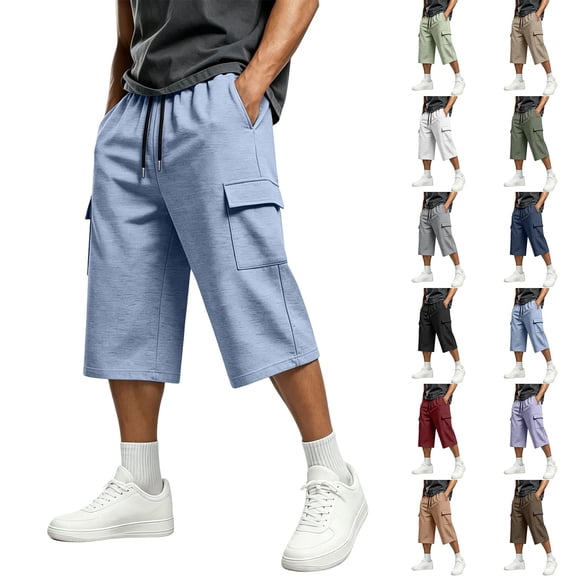 UVEASISHA Cargo Shorts for Men 3/4 Capri Pants Loose Fit Drawstring Elastic Waist Capris Knee Length Casual Baggy Cropped Sweatpants with Pockets Navy M