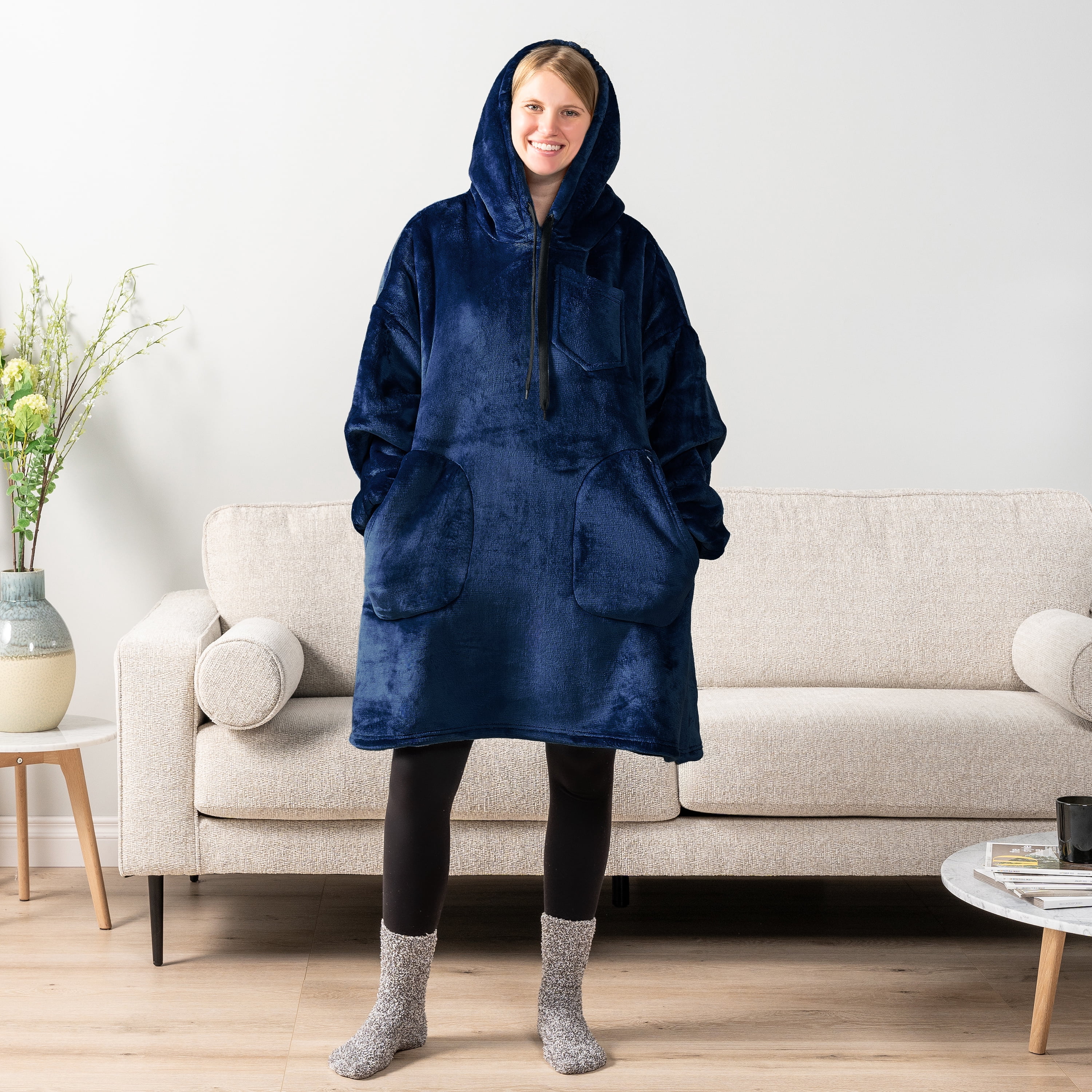 PAVILIA Blanket Hoodie for Women Navy, Sherpa Wearable Blanket Men, Cozy Oversized Sweatshirt Blanket, Warm Fleece Hooded Blanket Sweater with Sleeves and Two Big Pocket, Navy Blue