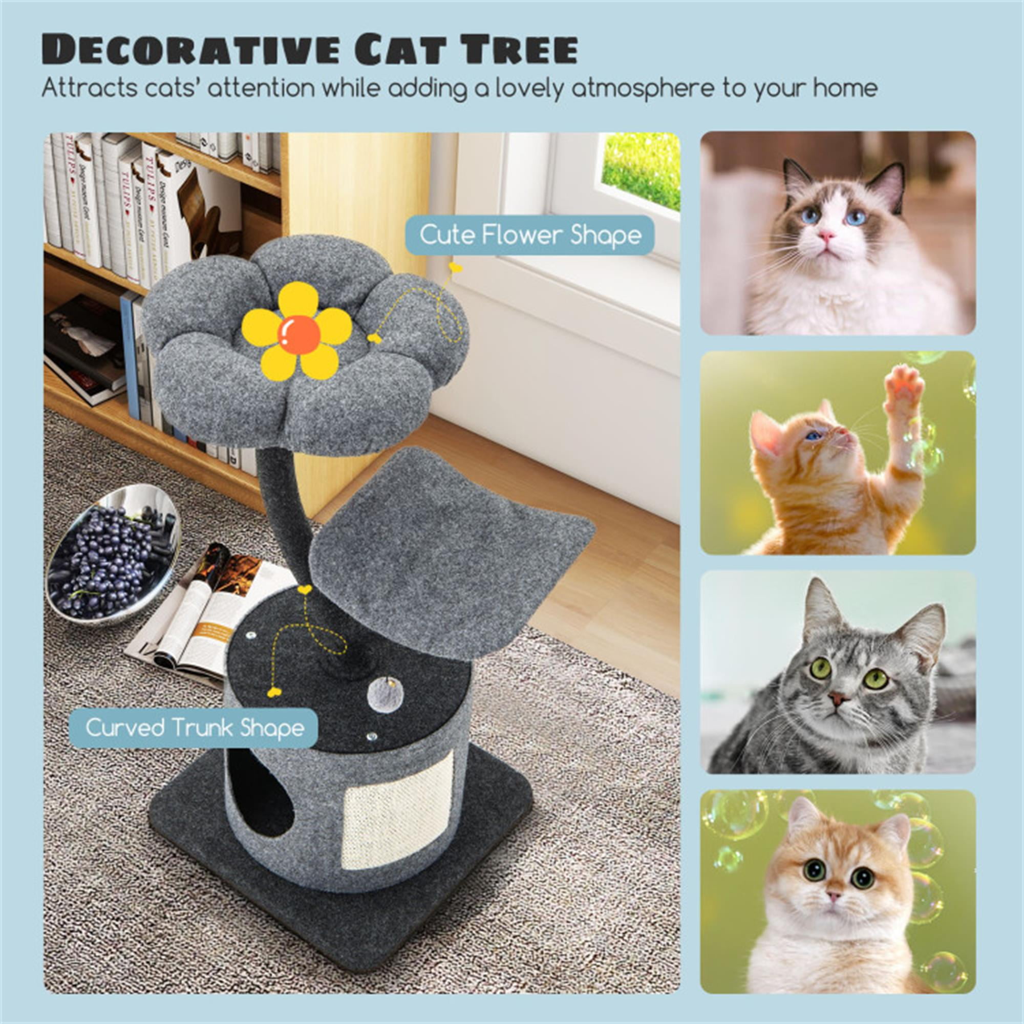 resenkos 35" Cat Tree Tower, Small Cat Condo with Sisal Scratching Board, Curved Metal Supporting Frame Cat Tree House with Perch and Hanging Ball, Gray
