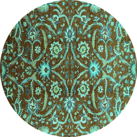 Ahgly Company Machine Washable Indoor Round Oriental Turquoise Blue Industrial Area Rugs, 4' Round