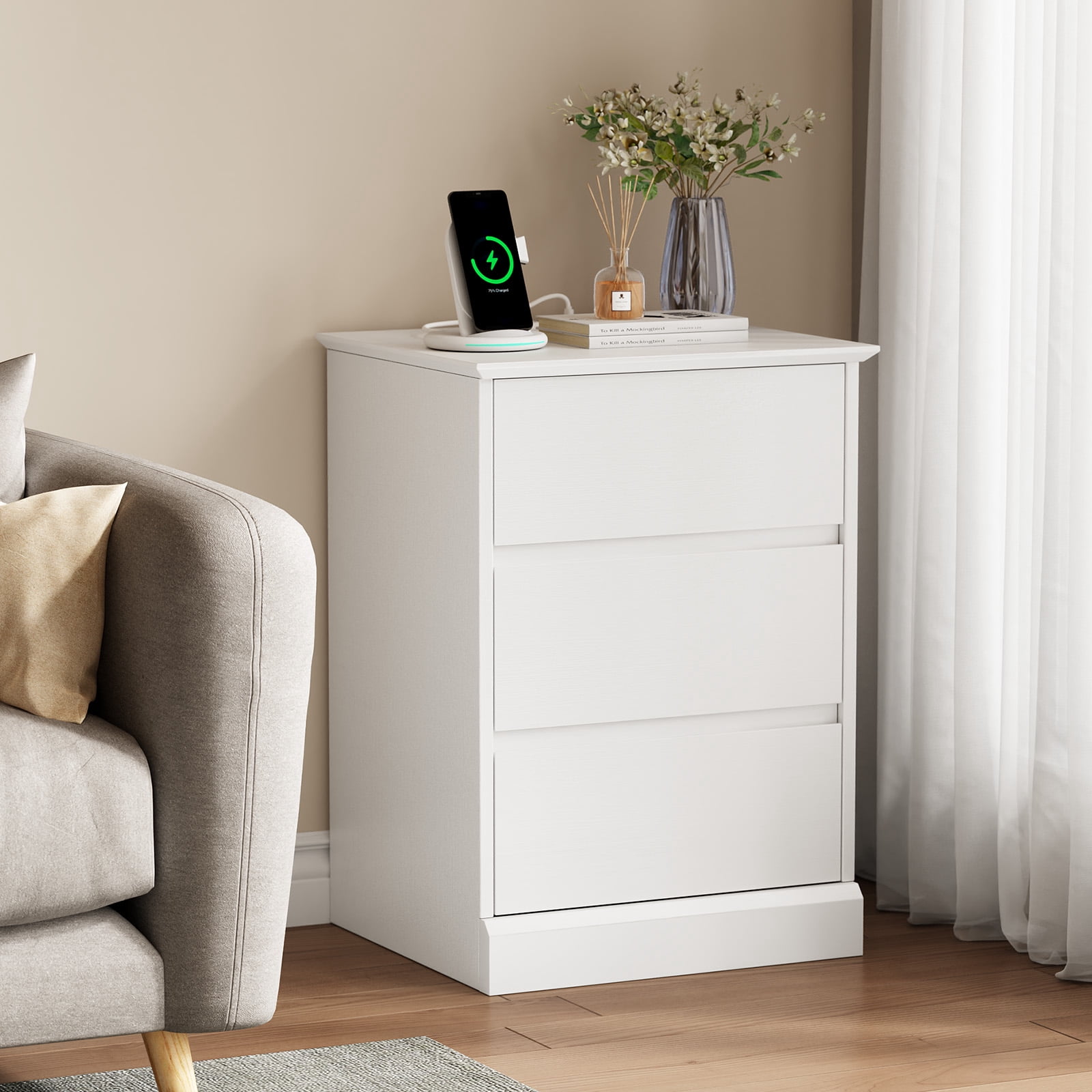 Nightstand Set of 2 with Charging Station, 3 Drawers Nightstand Modern Bedside Table End Table for Bedroom Living Room, White