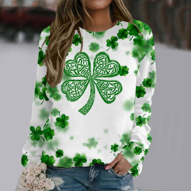 Xuyuer Women's Round Neck St. Patrick's Day Printed Long Sleeve Shirts Sweatshirt - Festive Holiday Graphic Pullover Top for Seasonal Parties, Gift Exchanges and Cozy Spring Summer Wear
