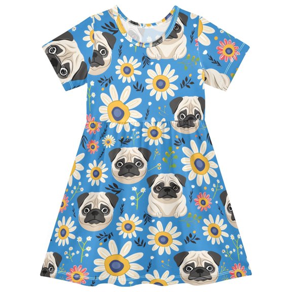 Pug Flowers Pattern Girls Short Sleeve Dress A Line Sun Protection Breathable Comfort Sundress 2T