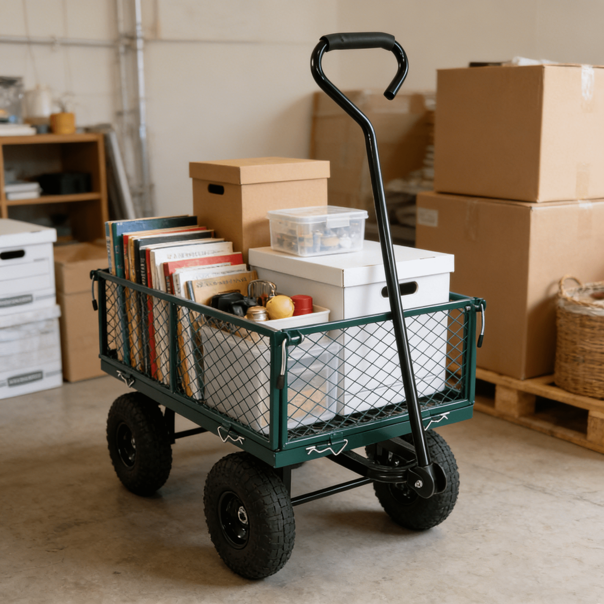 550lbs Foldable Garden Wagon Cart, Green Utility Truck with 10" Pneumatic Tires, 4-Side Removable Mesh & 180° Rotating Handle, Heavy-Duty Steel Frame for Firewood Plants Soil Transport
