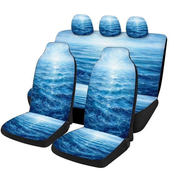 Classic Ocean Wave Car Seat Covers Full Set, Universal Auto Seat Covers with Front Seat Covers, Rear Bench Cover and Headrest Covers for Cars SUVs Trucks Vans