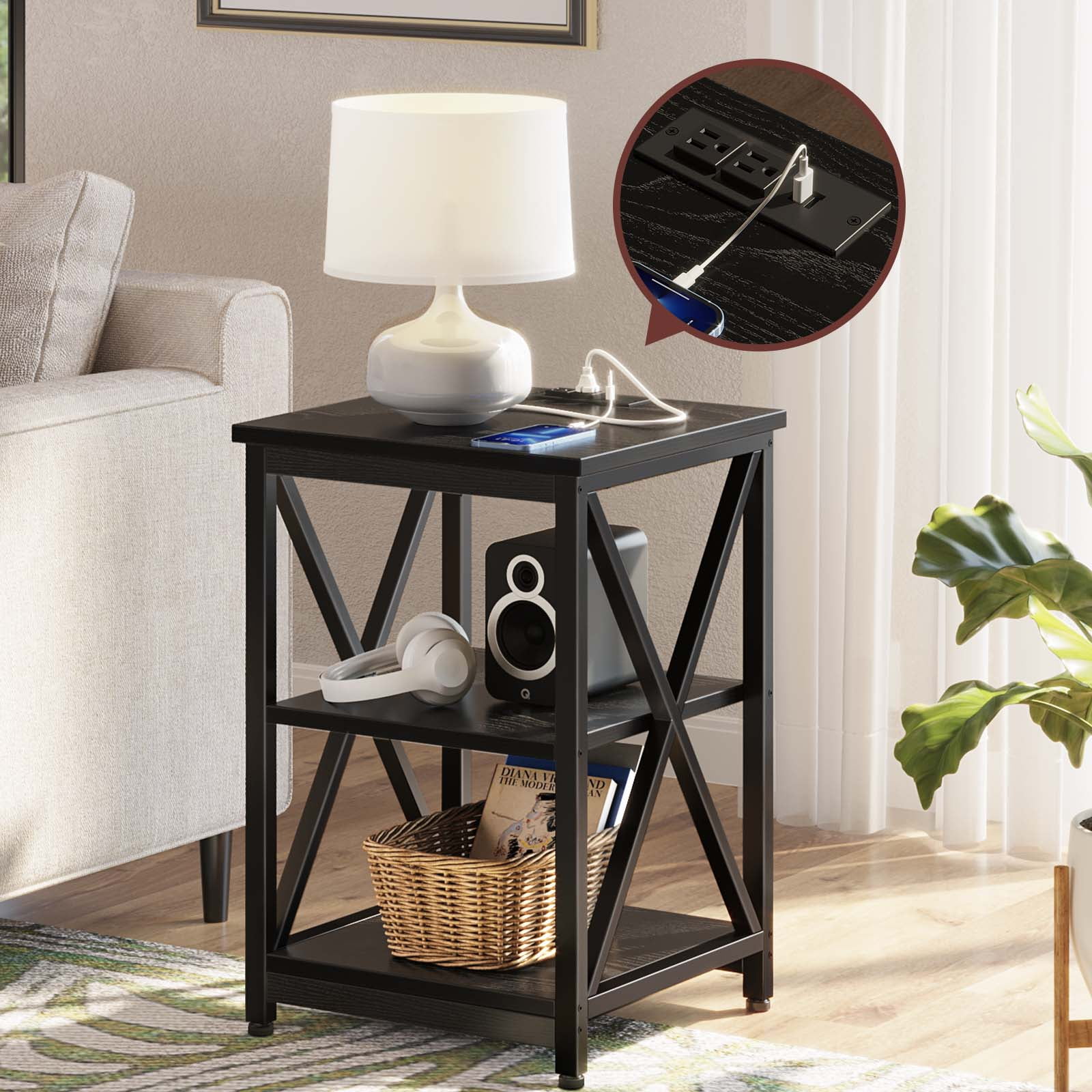 Rolanstar End Table, Farmhouse Style Side Table with Charging Station
