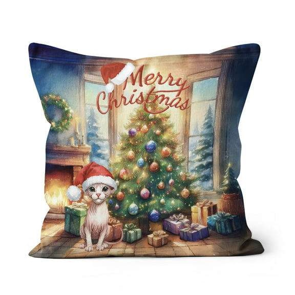 Merry Christmas Sphynx Santa Hat Xmas Tree Winter Holiday Pillow Cushion Double Sided Cat Lover Kitten Owner Gifts Idea Throw Pillow - 01013